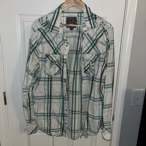 BKE Buckle Men’s XL Slim Fit Plaid Snap Button Western Shirt Gray Blue Casual